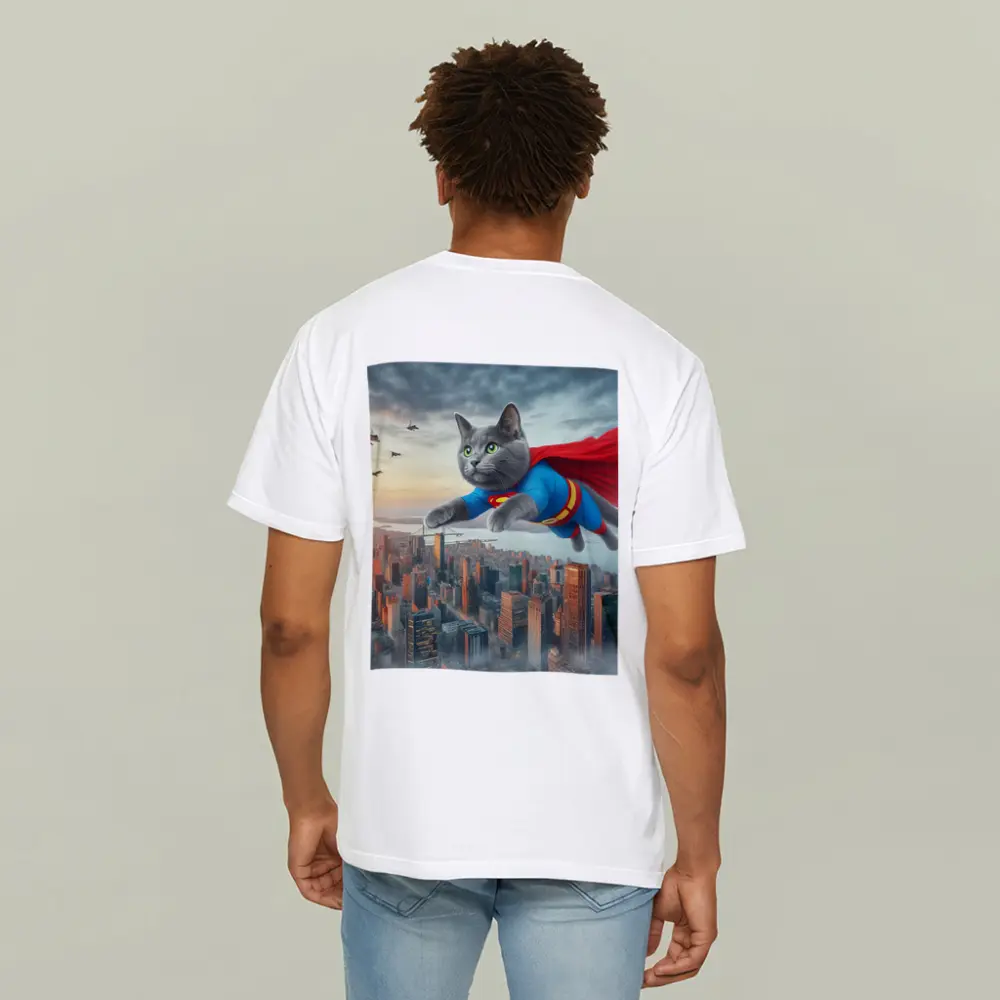 Gray Cat Superman Flying Over City – T-Shirts