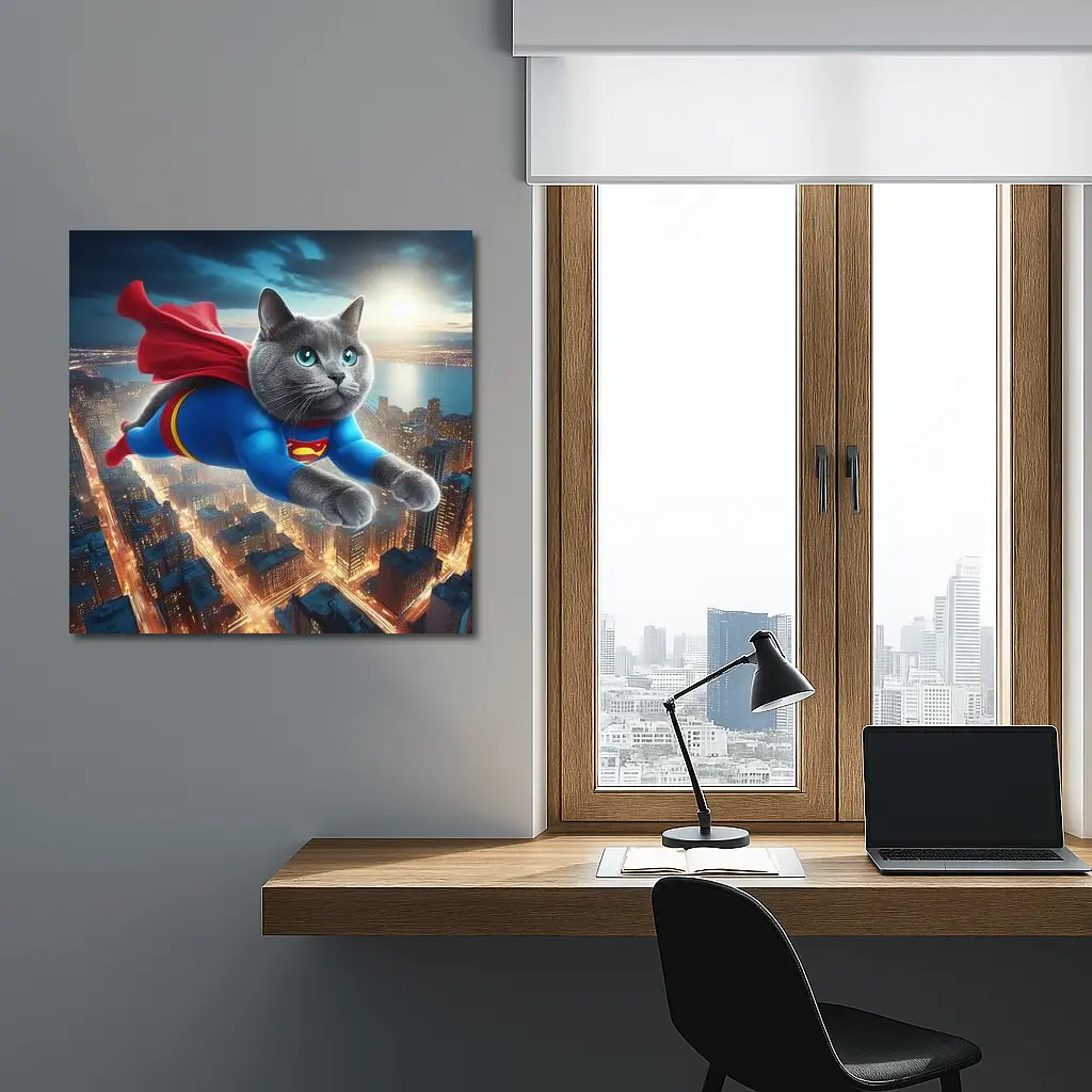 Russian Blue Cat Superhero Flying Over City – Wall Art