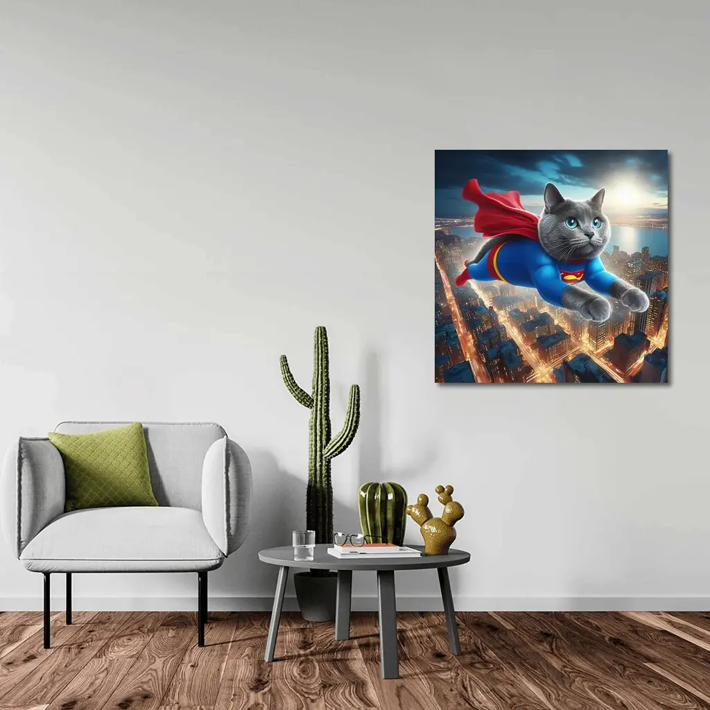 Russian Blue Cat Superhero Flying Over City – Wall Art