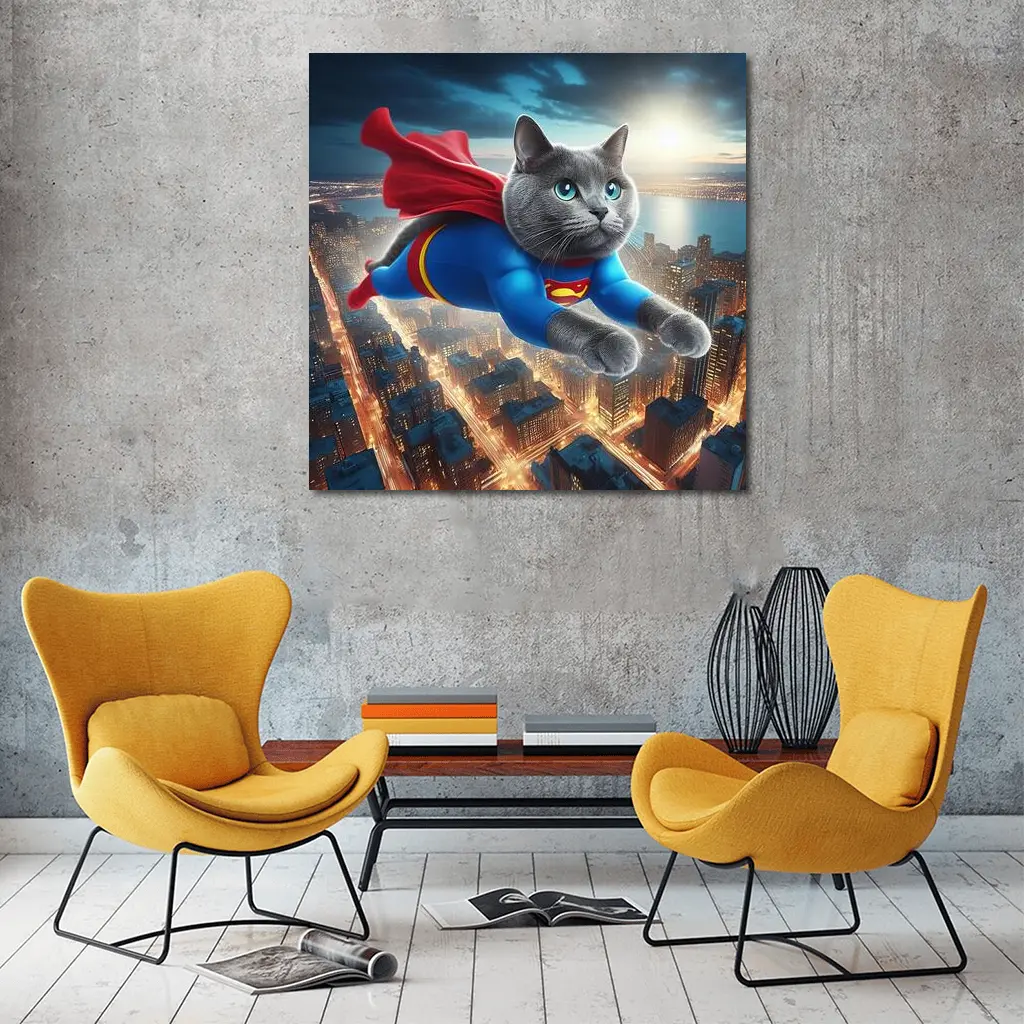 Russian Blue Cat Superhero Flying Over City – Wall Art