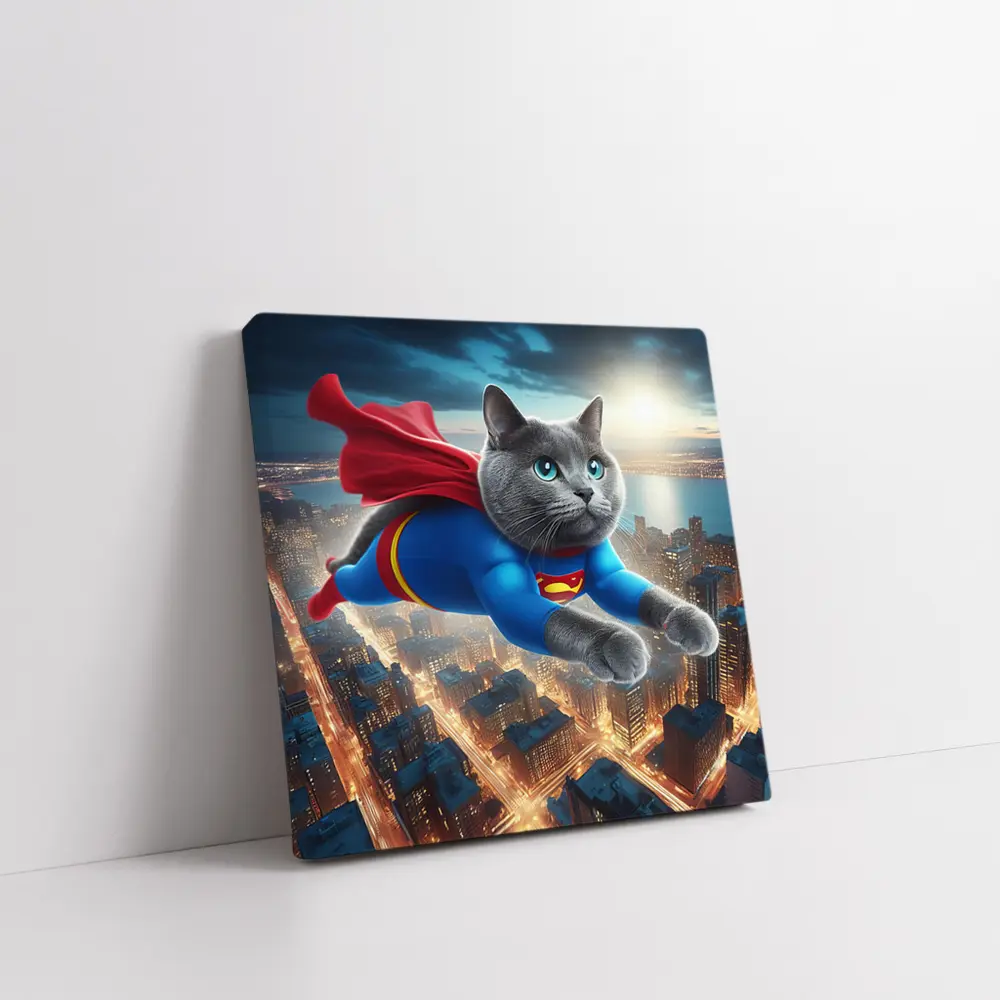 Russian Blue Cat Superhero Flying Over City – Wall Art
