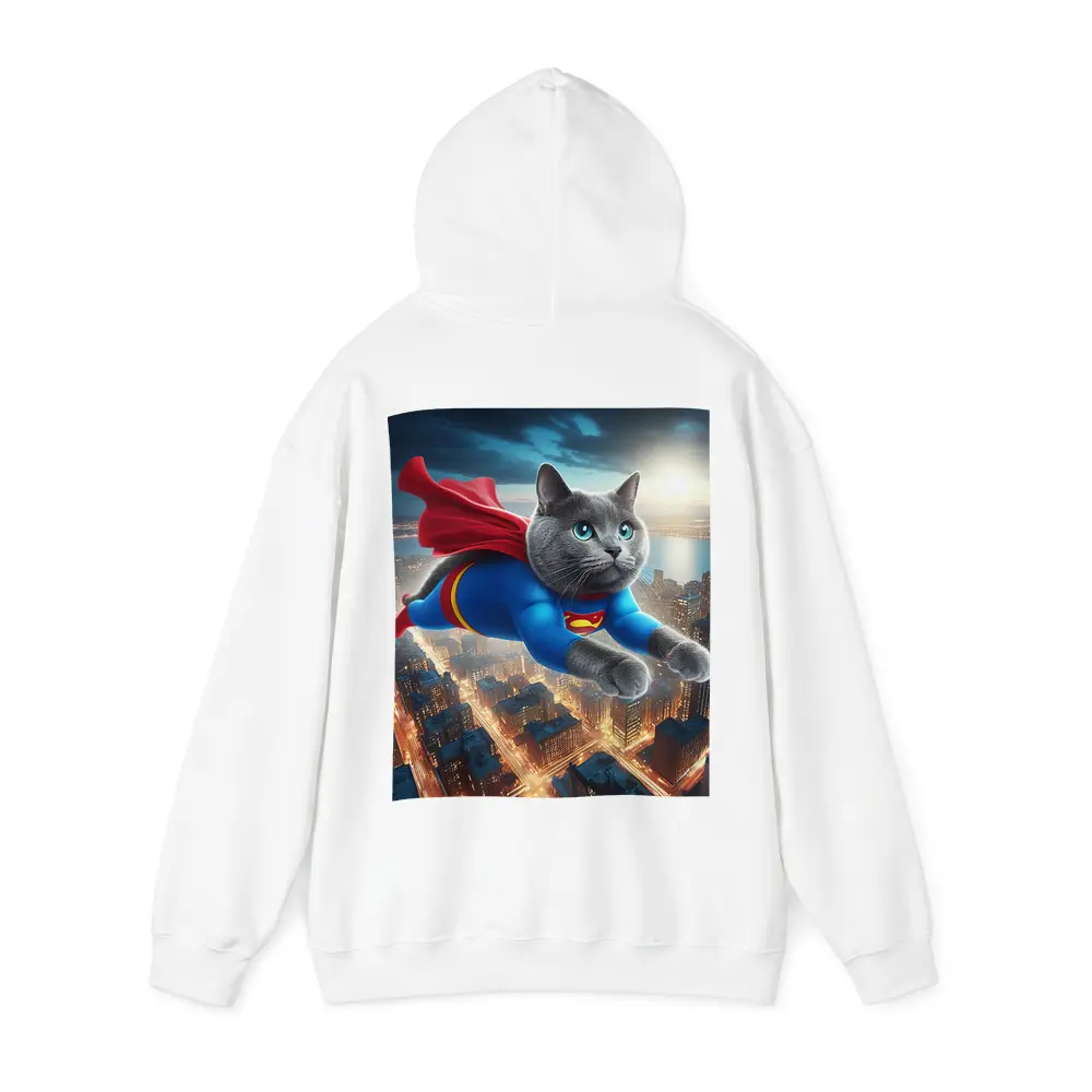 Russian Blue Cat Superhero Flying Over City – Hoodies