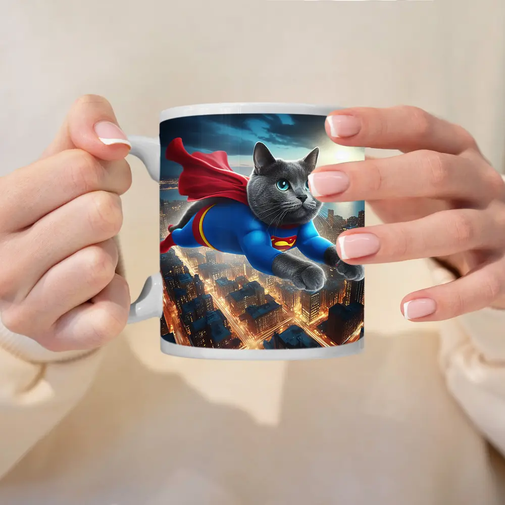 Russian Blue Cat Superhero Flying Over City – Mugs