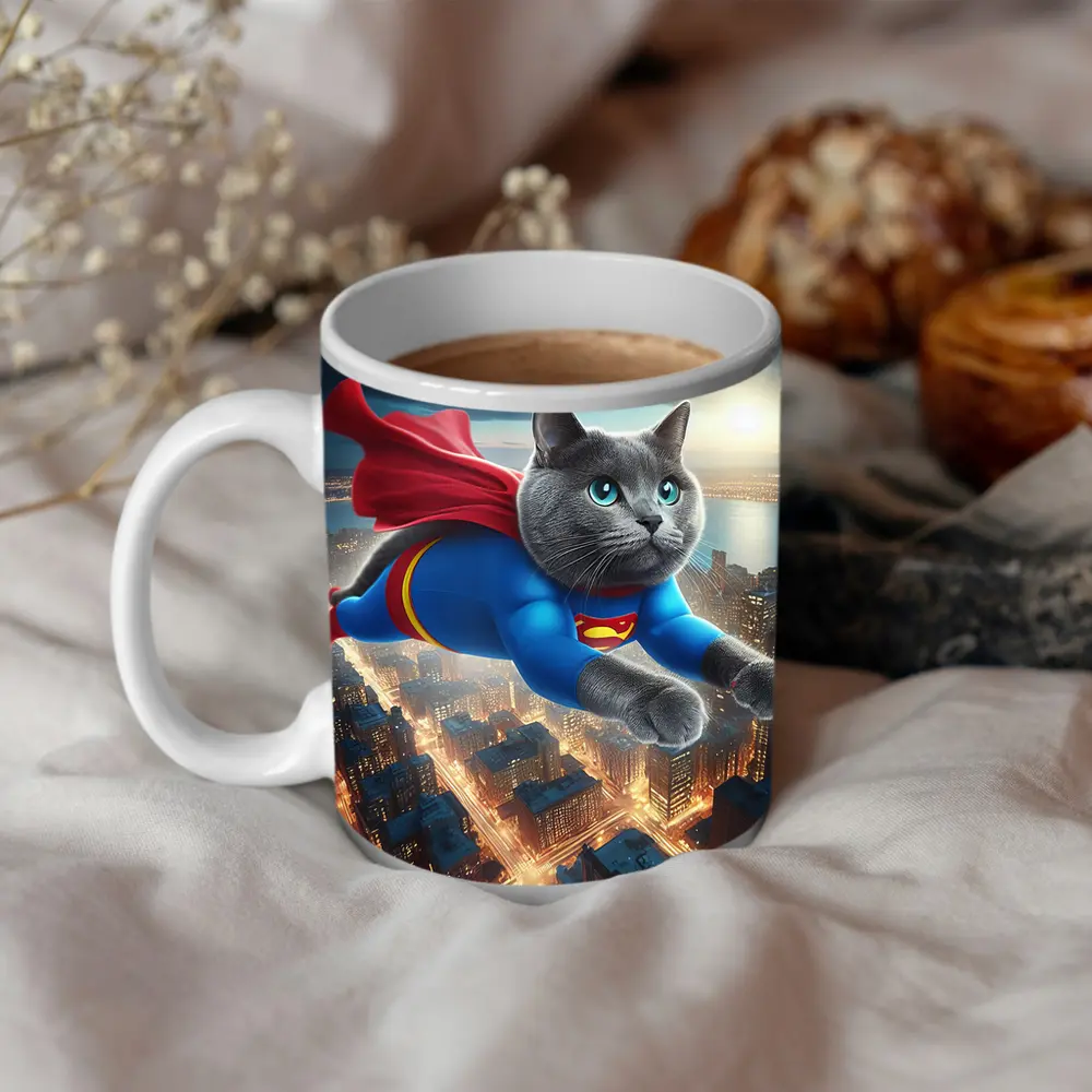 Russian Blue Cat Superhero Flying Over City – Mugs