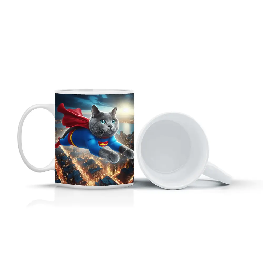Russian Blue Cat Superhero Flying Over City – Mugs