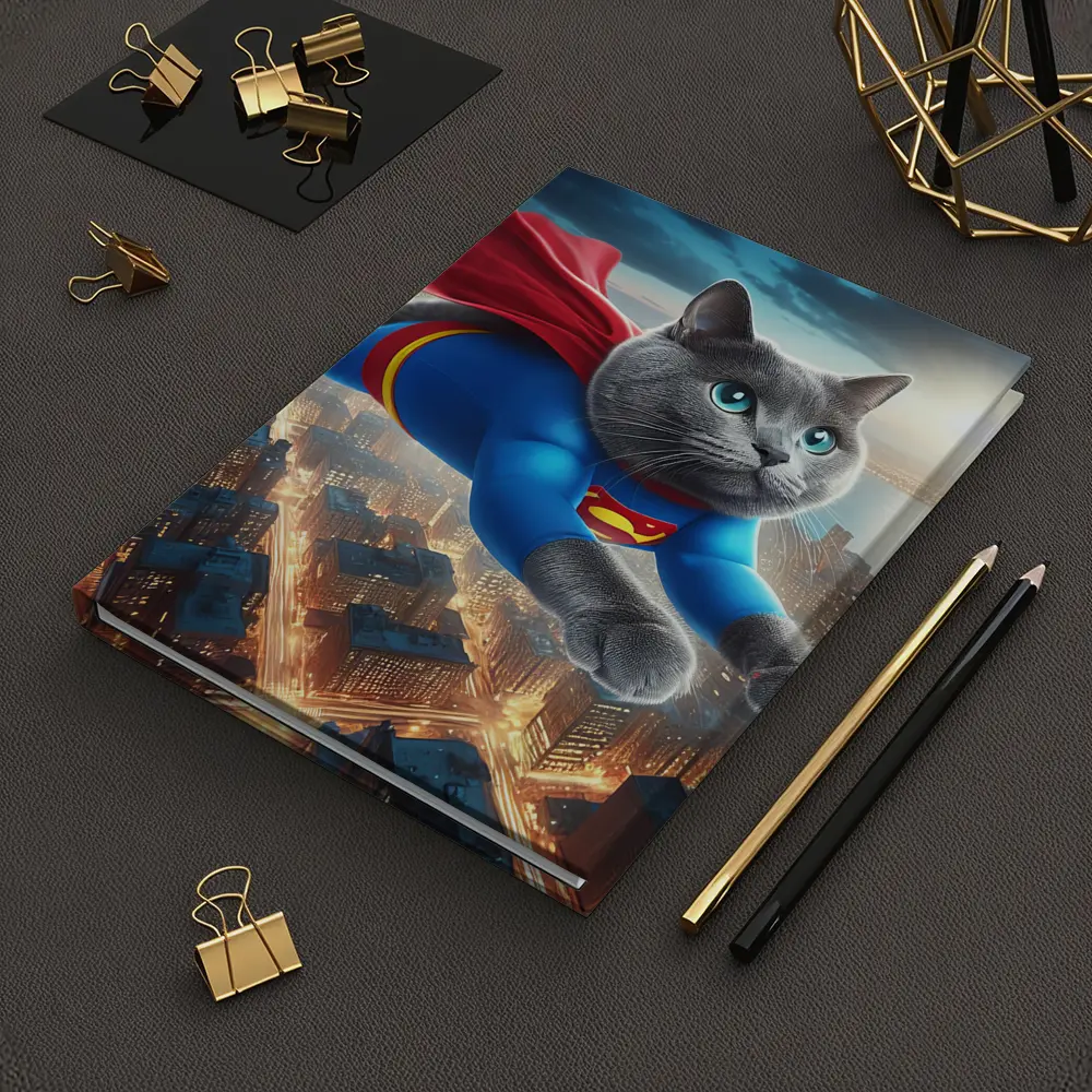 Russian Blue Cat Superhero Flying Over City – Notebooks