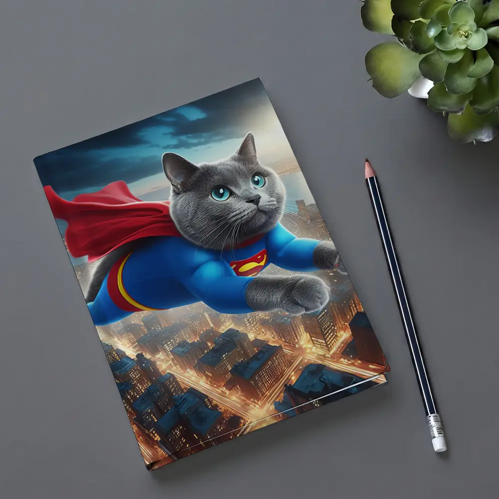 Russian Blue Cat Superhero Flying Over City – Notebooks