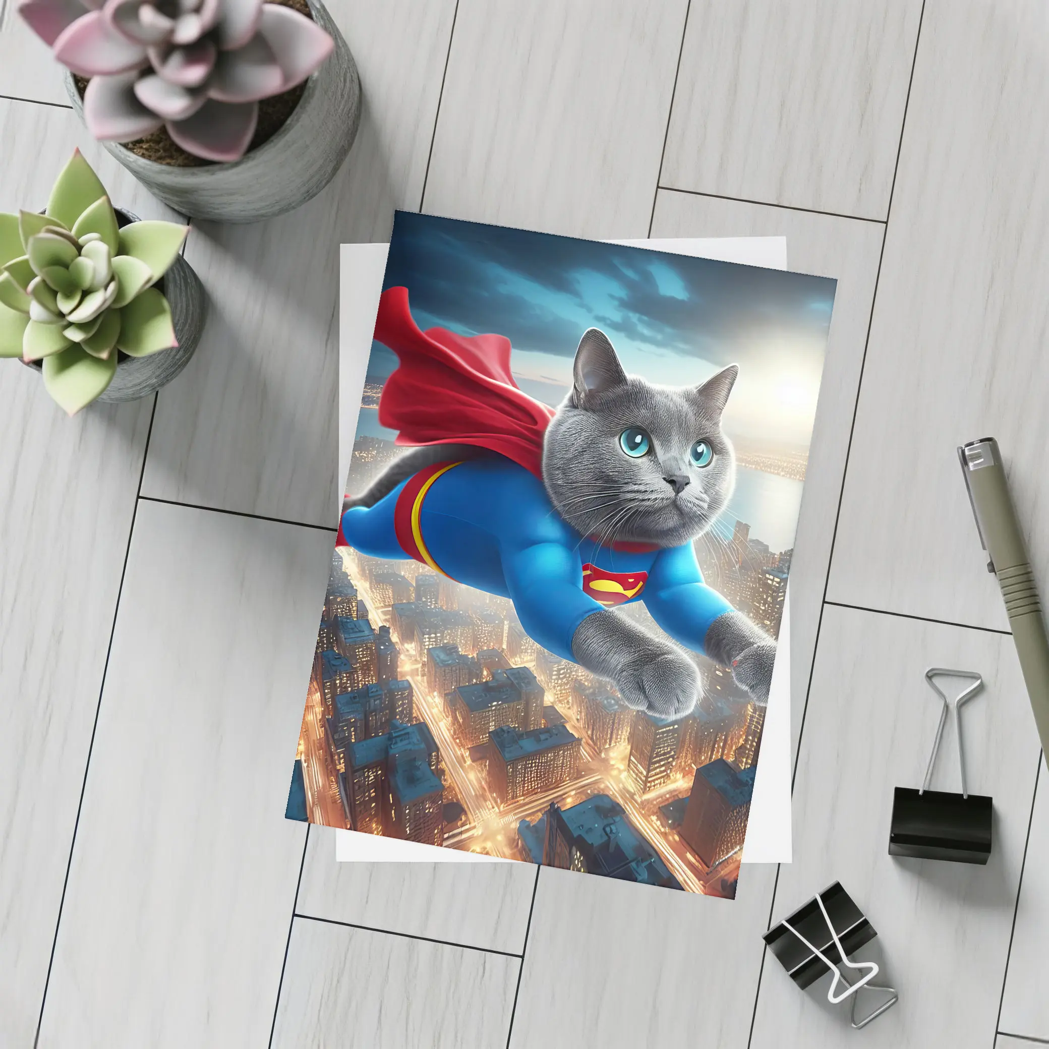 Russian Blue Cat Superhero Flying Over City – Postcards