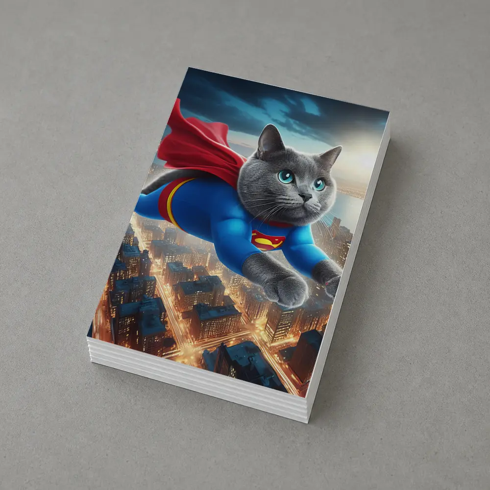 Russian Blue Cat Superhero Flying Over City – Postcards