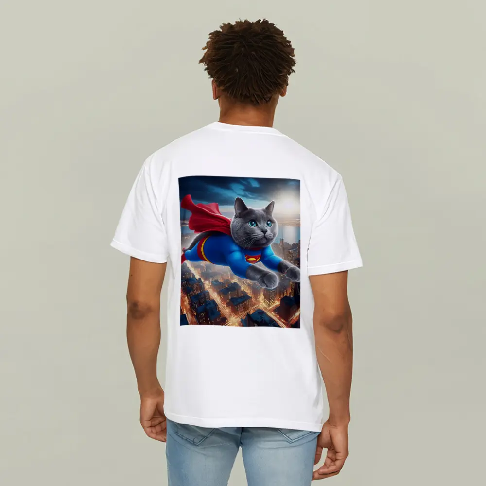 Russian Blue Cat Superhero Flying Over City – T-Shirts