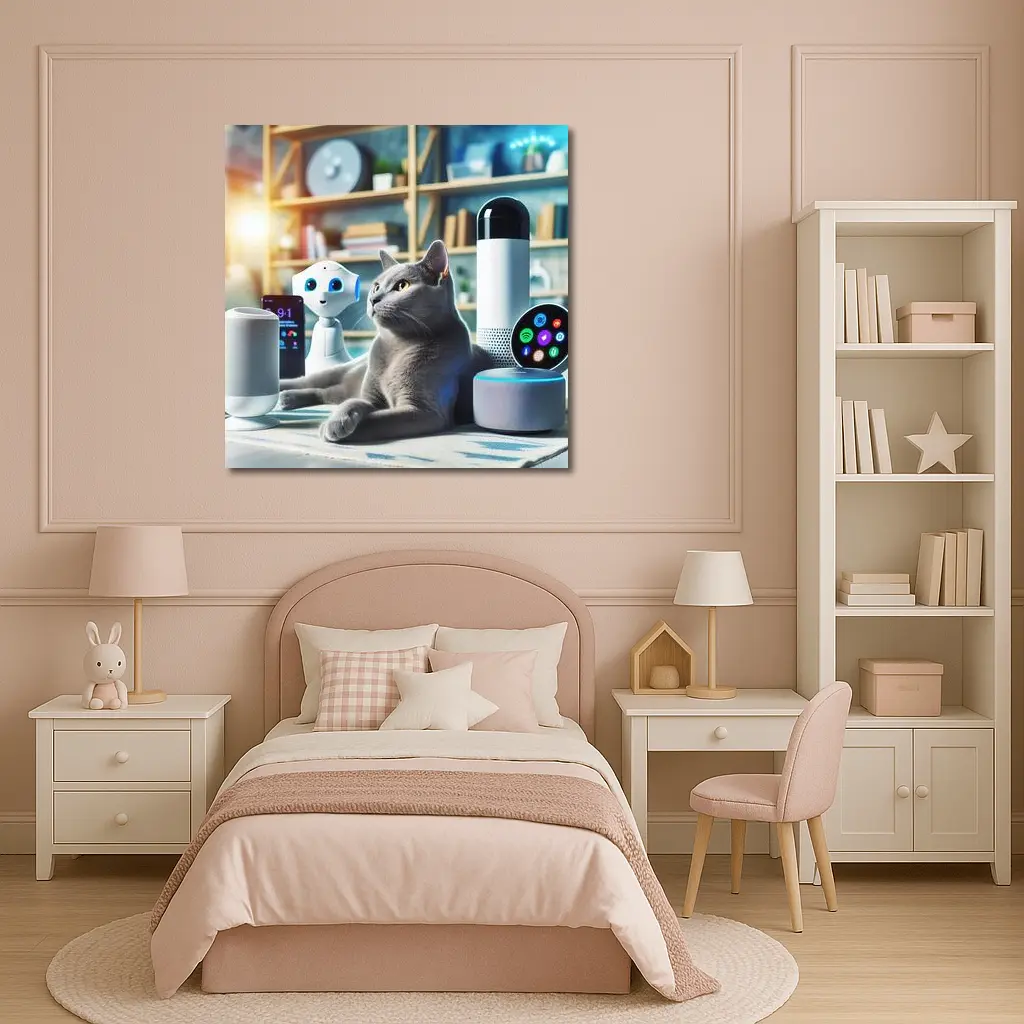 Gray Cat Among Smart Home Devices Indoors – Wall Art