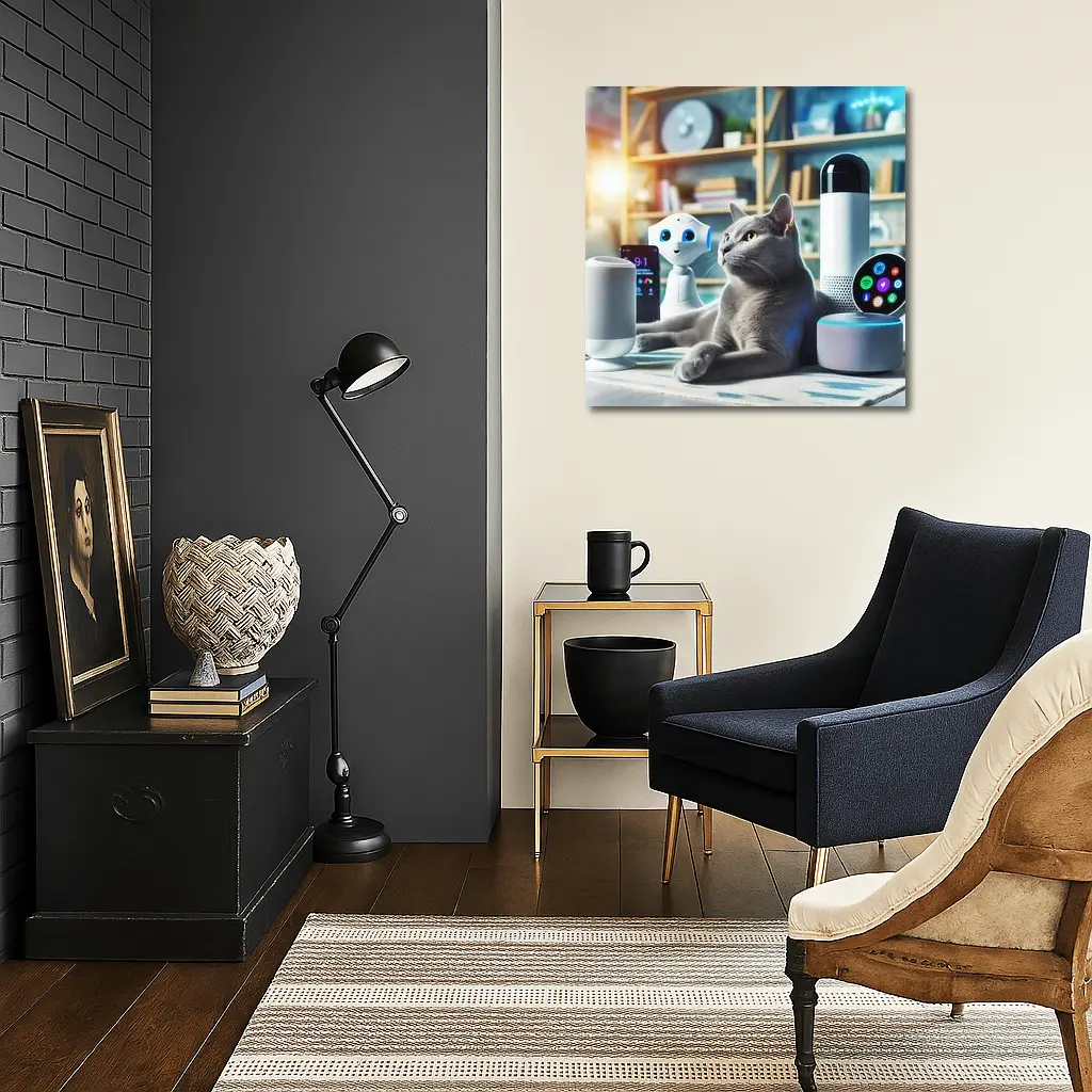 Gray Cat Among Smart Home Devices Indoors – Wall Art