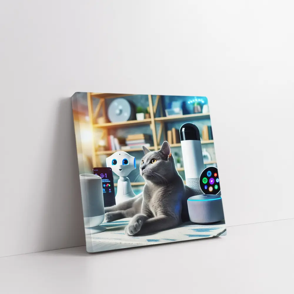 Gray Cat Among Smart Home Devices Indoors – Wall Art