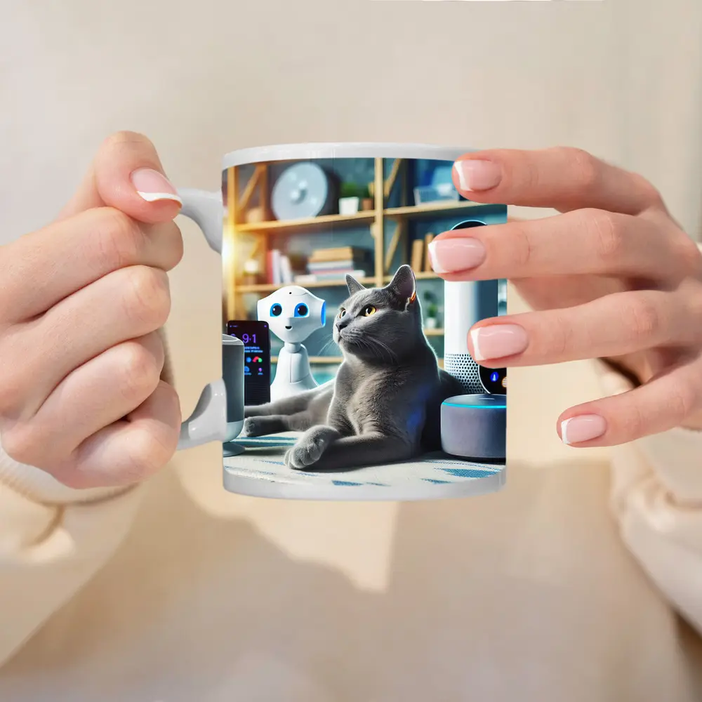 Gray Cat Among Smart Home Devices Indoors – Mugs