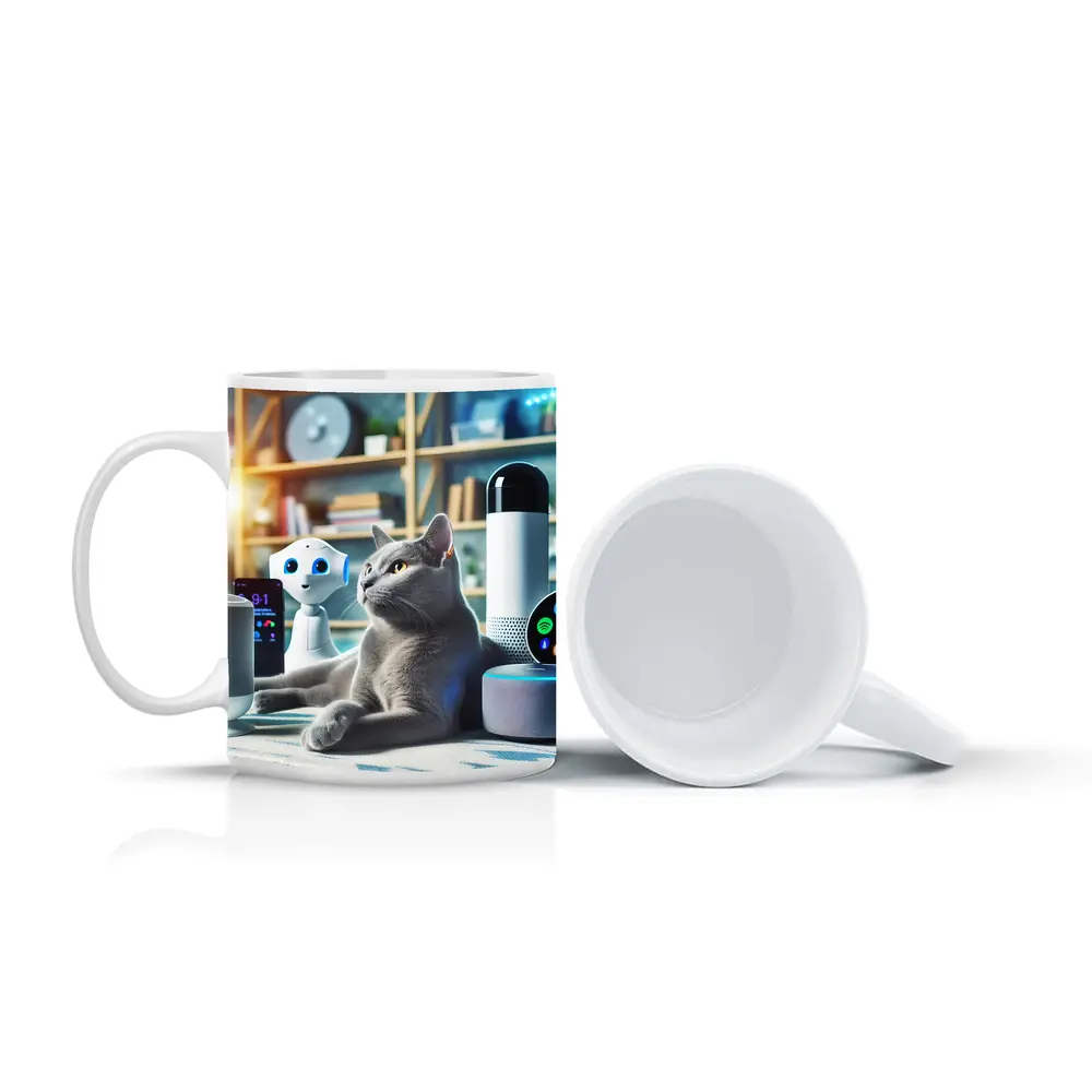Gray Cat Among Smart Home Devices Indoors – Mugs