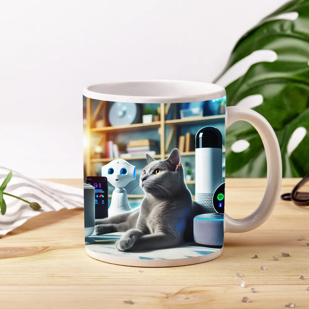 Gray Cat Among Smart Home Devices Indoors – Mugs