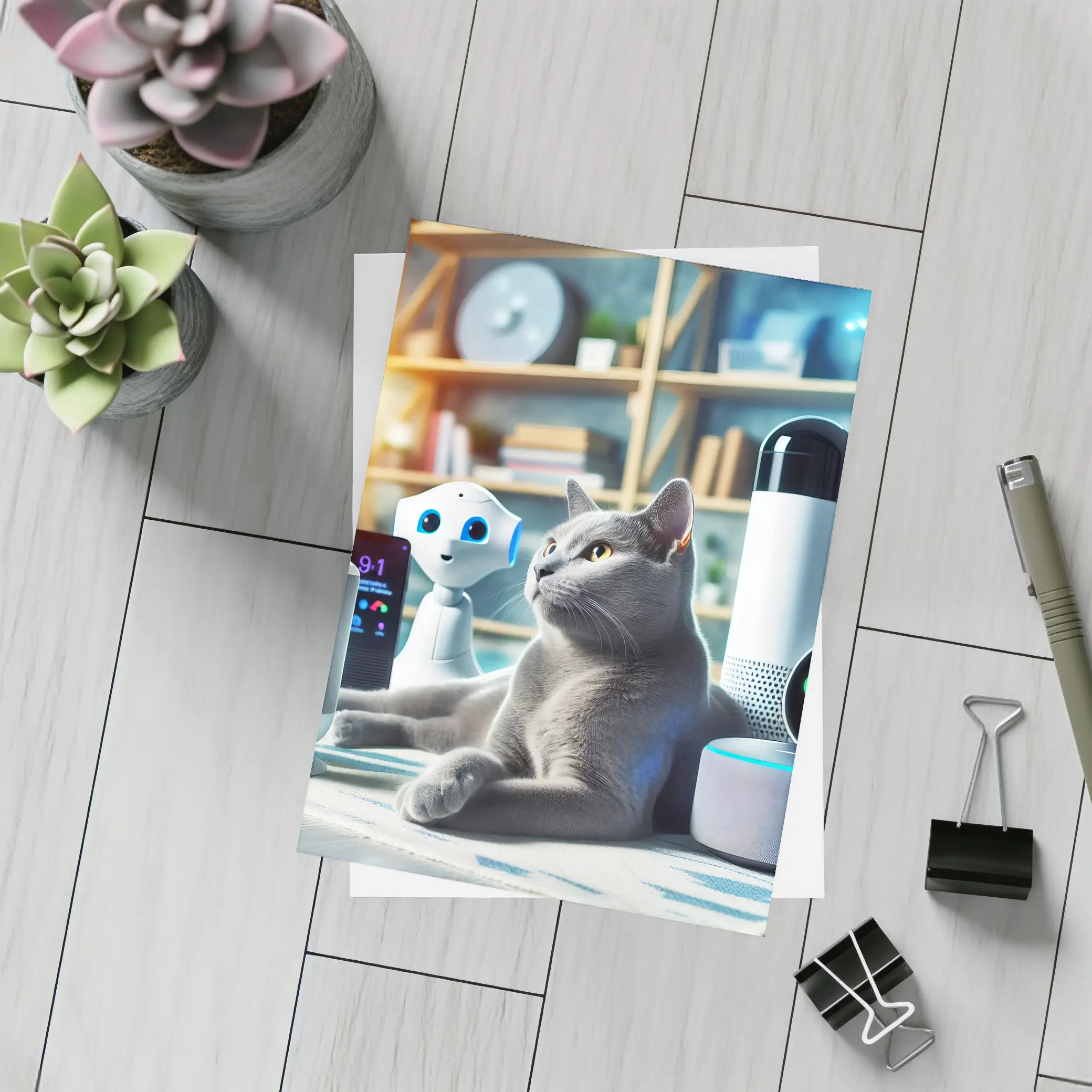 Gray Cat Among Smart Home Devices Indoors – Postcards