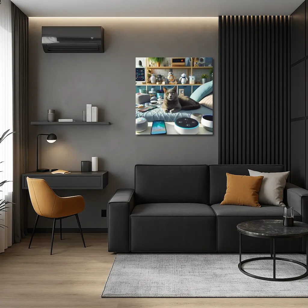 Gray Cat Relaxing Among Smart Home Gadgets – Wall Art