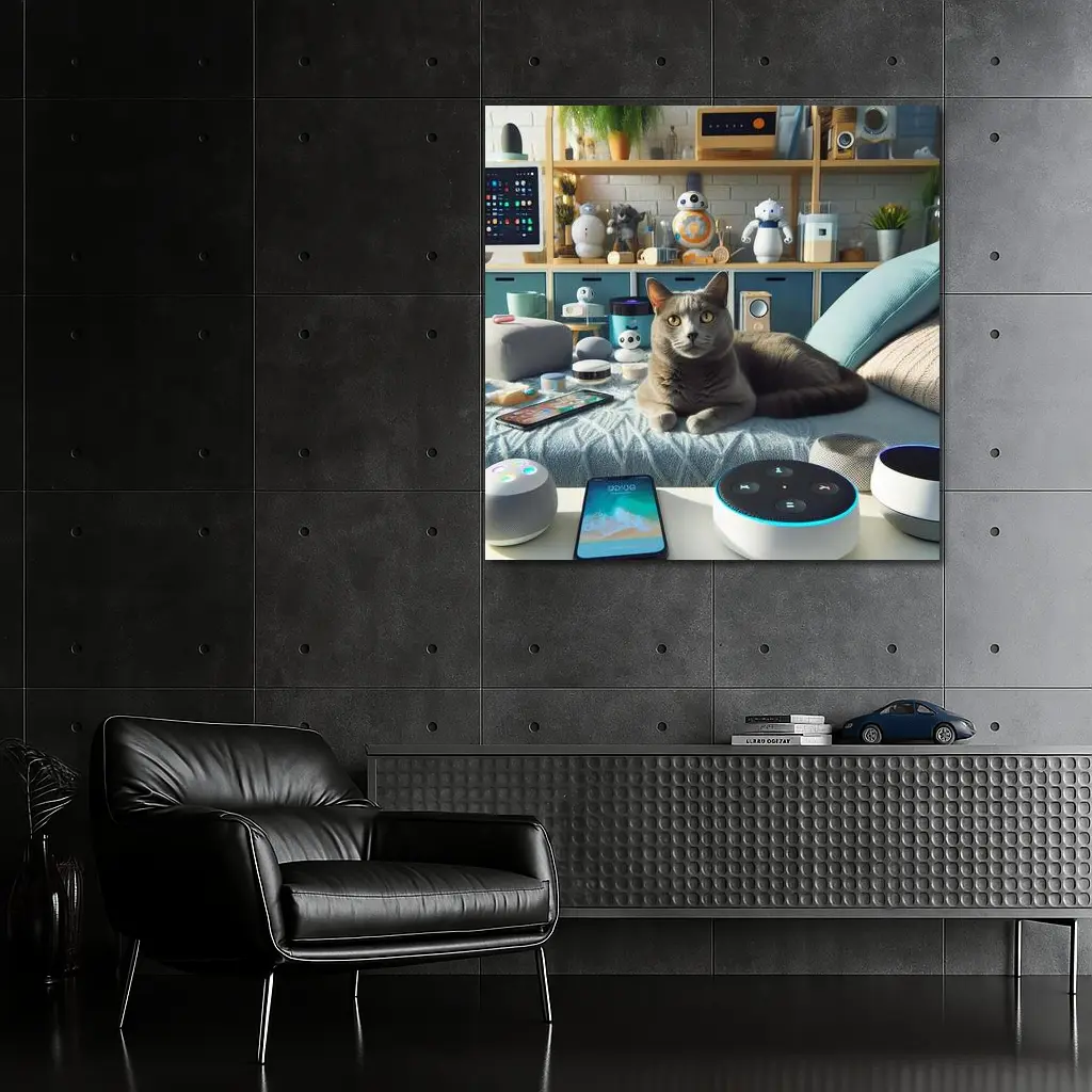 Gray Cat Relaxing Among Smart Home Gadgets – Wall Art