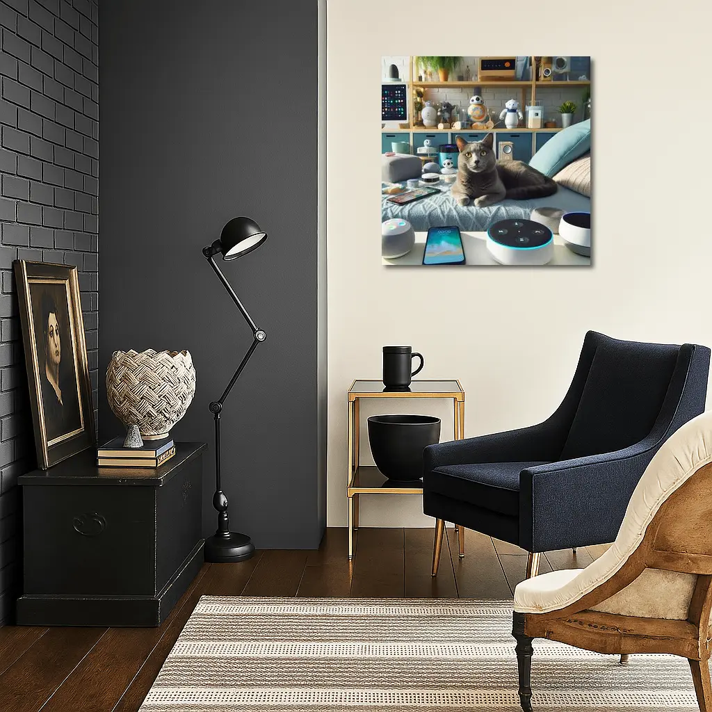 Gray Cat Relaxing Among Smart Home Gadgets – Wall Art