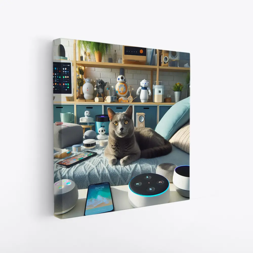 Gray Cat Relaxing Among Smart Home Gadgets