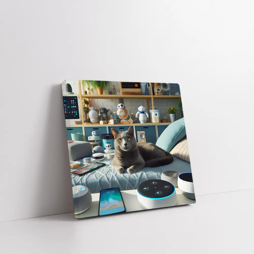 Gray Cat Relaxing Among Smart Home Gadgets – Wall Art