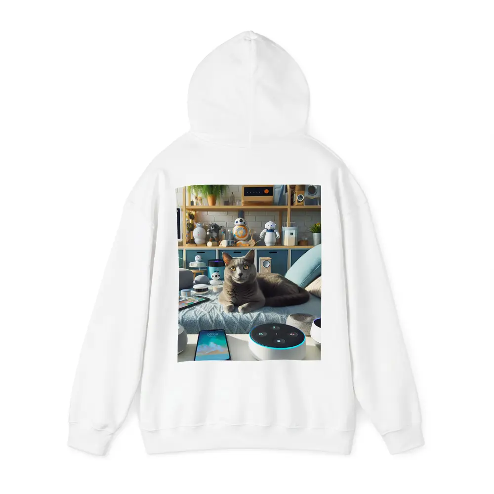 Gray Cat Relaxing Among Smart Home Gadgets – Hoodies
