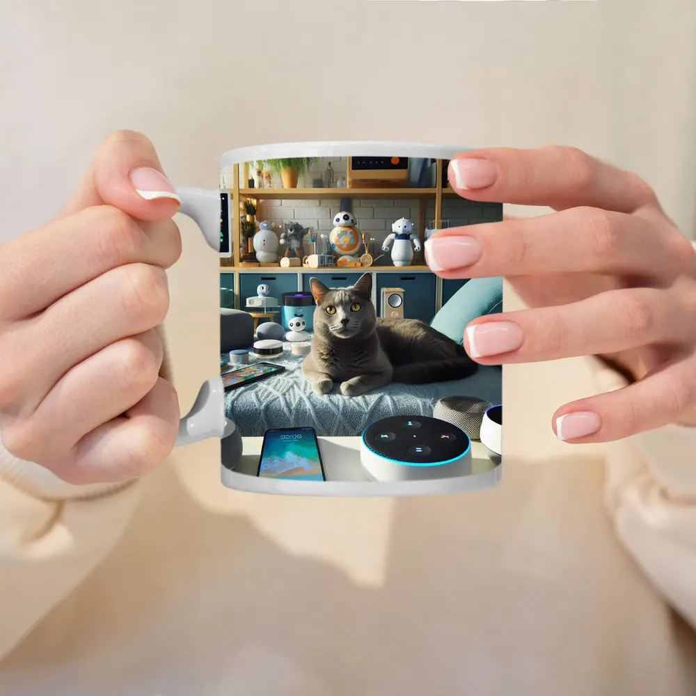 Gray Cat Relaxing Among Smart Home Gadgets – Mugs