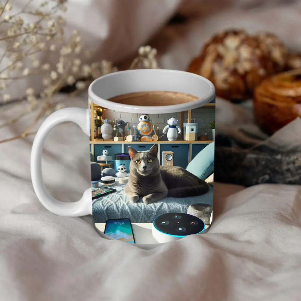 Gray Cat Relaxing Among Smart Home Gadgets – Mugs