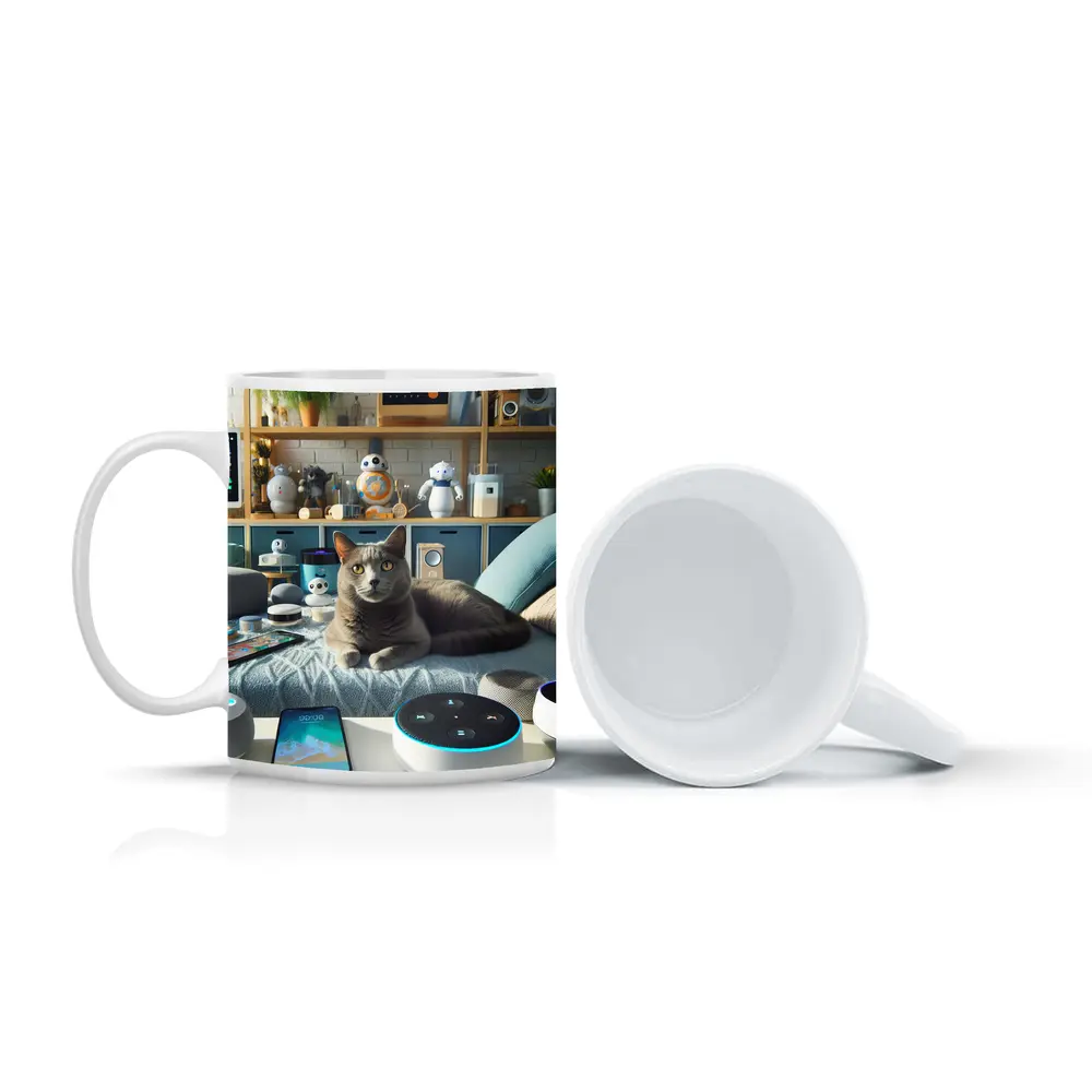 Gray Cat Relaxing Among Smart Home Gadgets – Mugs
