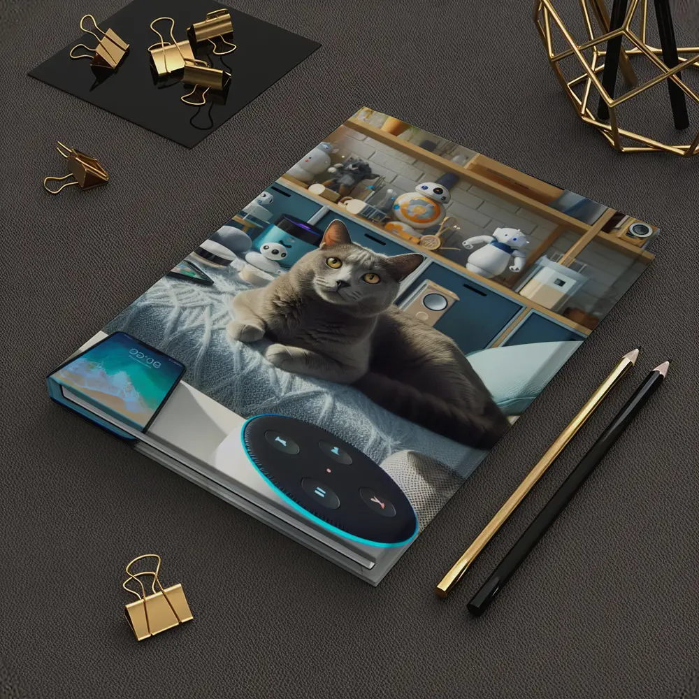 Gray Cat Relaxing Among Smart Home Gadgets – Notebooks