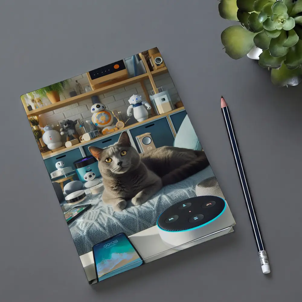 Gray Cat Relaxing Among Smart Home Gadgets – Notebooks