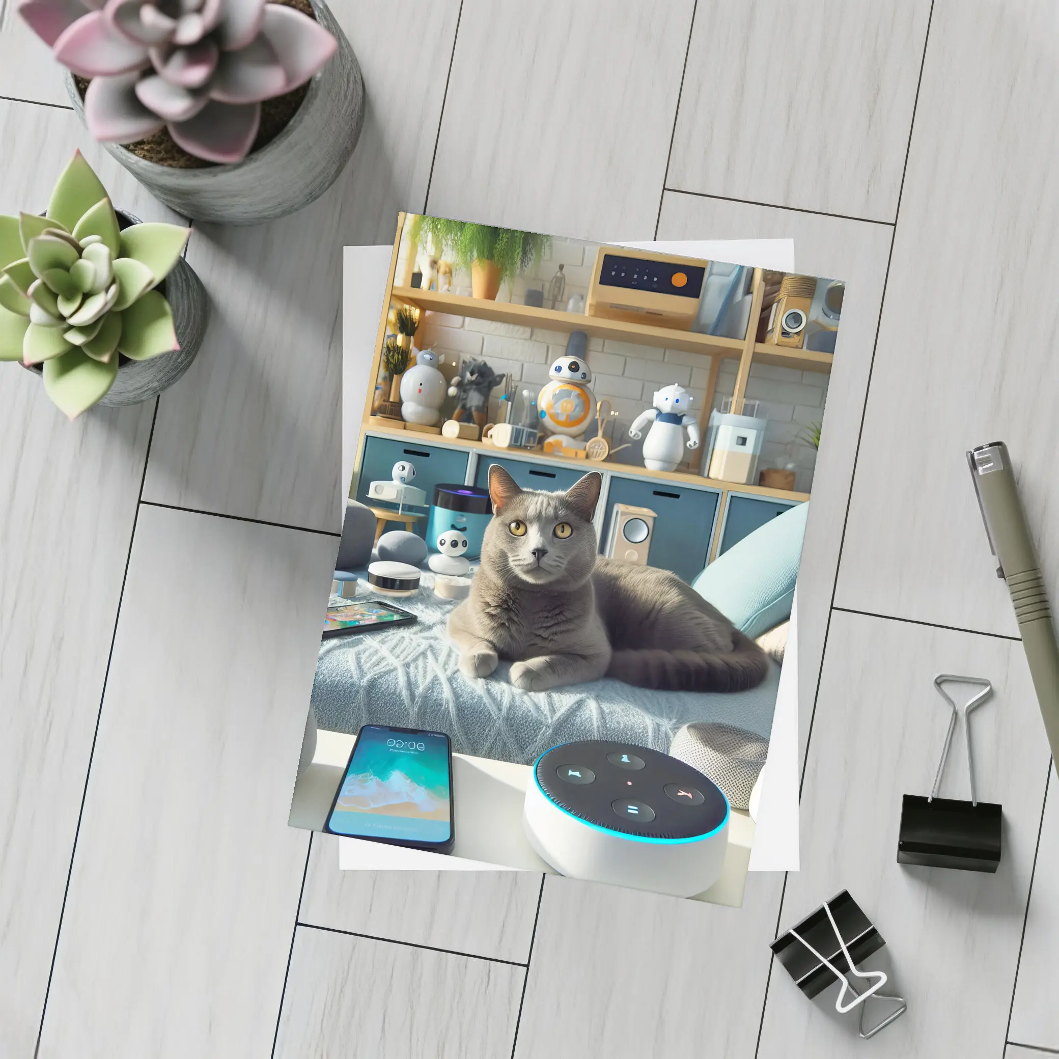 Gray Cat Relaxing Among Smart Home Gadgets – Postcards