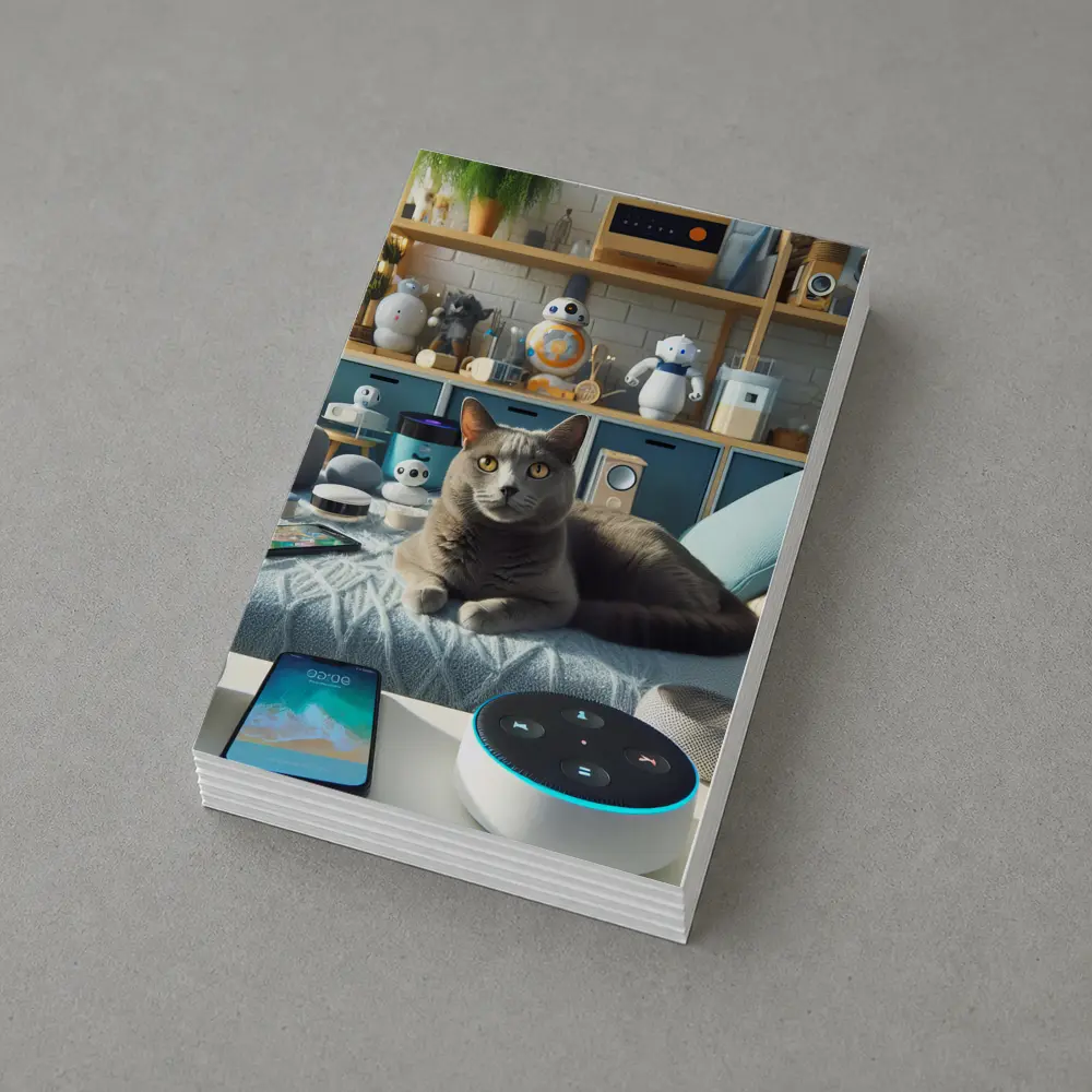 Gray Cat Relaxing Among Smart Home Gadgets – Postcards