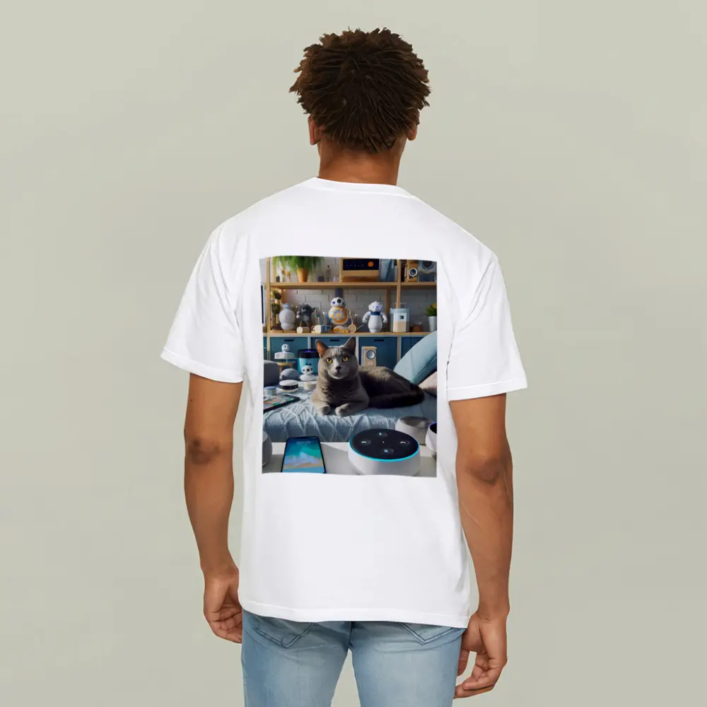 Gray Cat Relaxing Among Smart Home Gadgets – T-Shirts