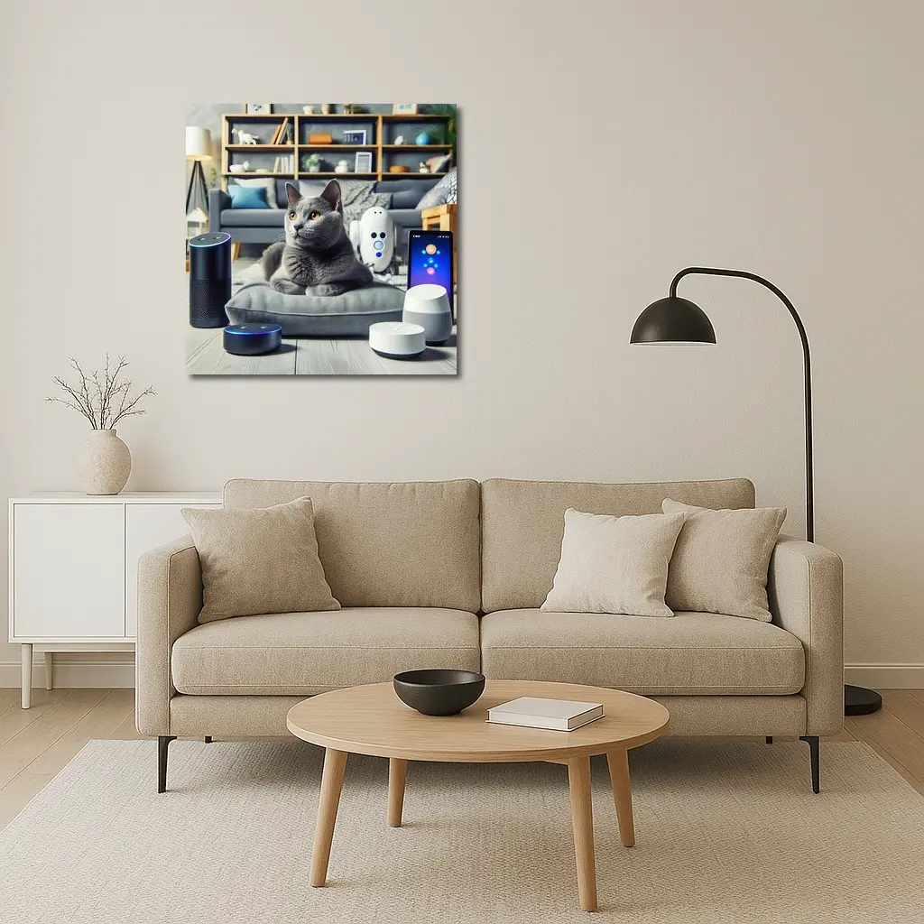 Chartreux Cat Resting Among Smart Home Devices – Wall Art