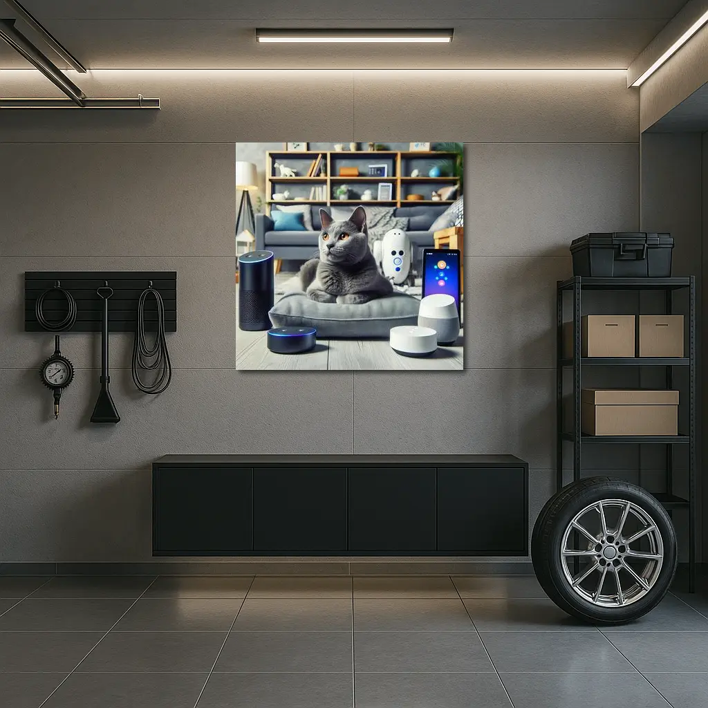 Chartreux Cat Resting Among Smart Home Devices – Wall Art