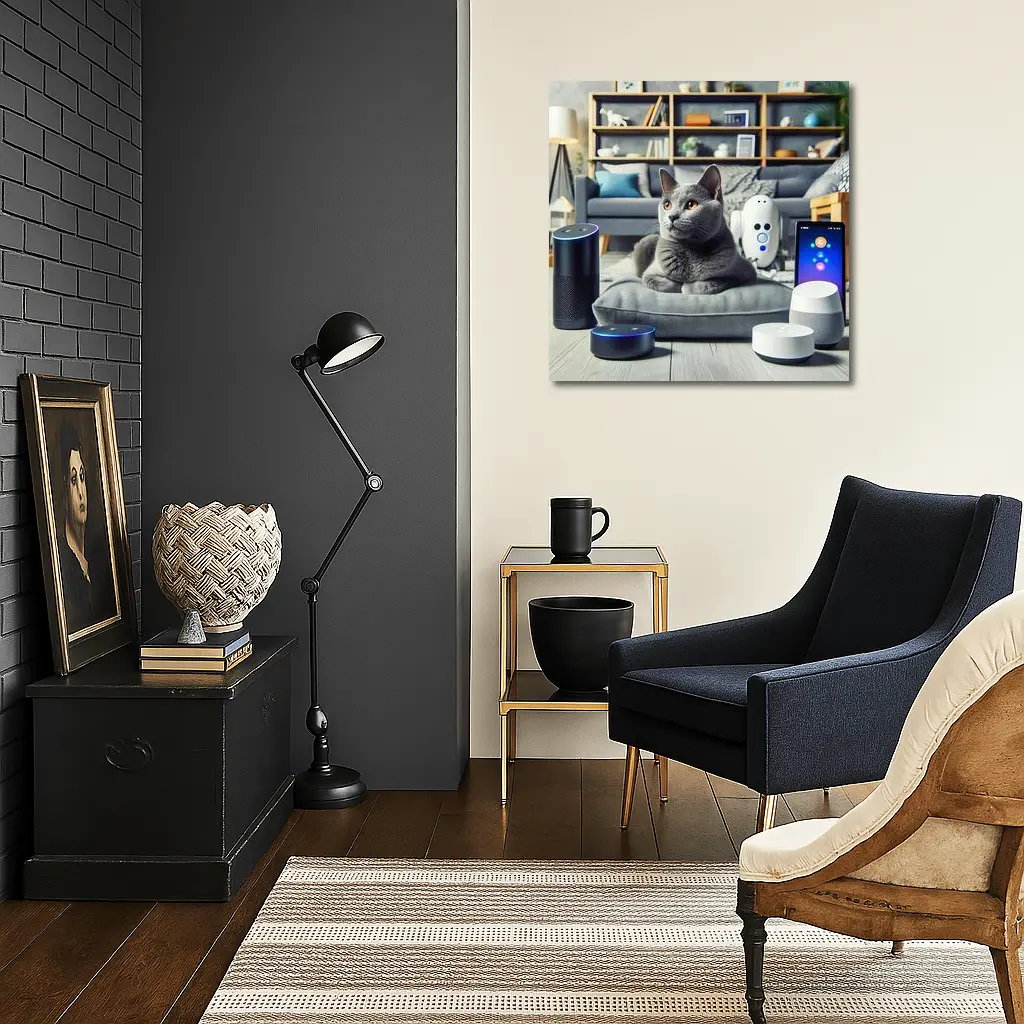 Chartreux Cat Resting Among Smart Home Devices – Wall Art