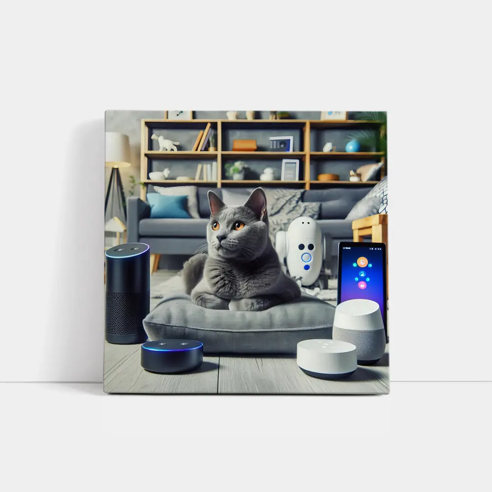 Chartreux Cat Resting Among Smart Home Devices – Wall Art