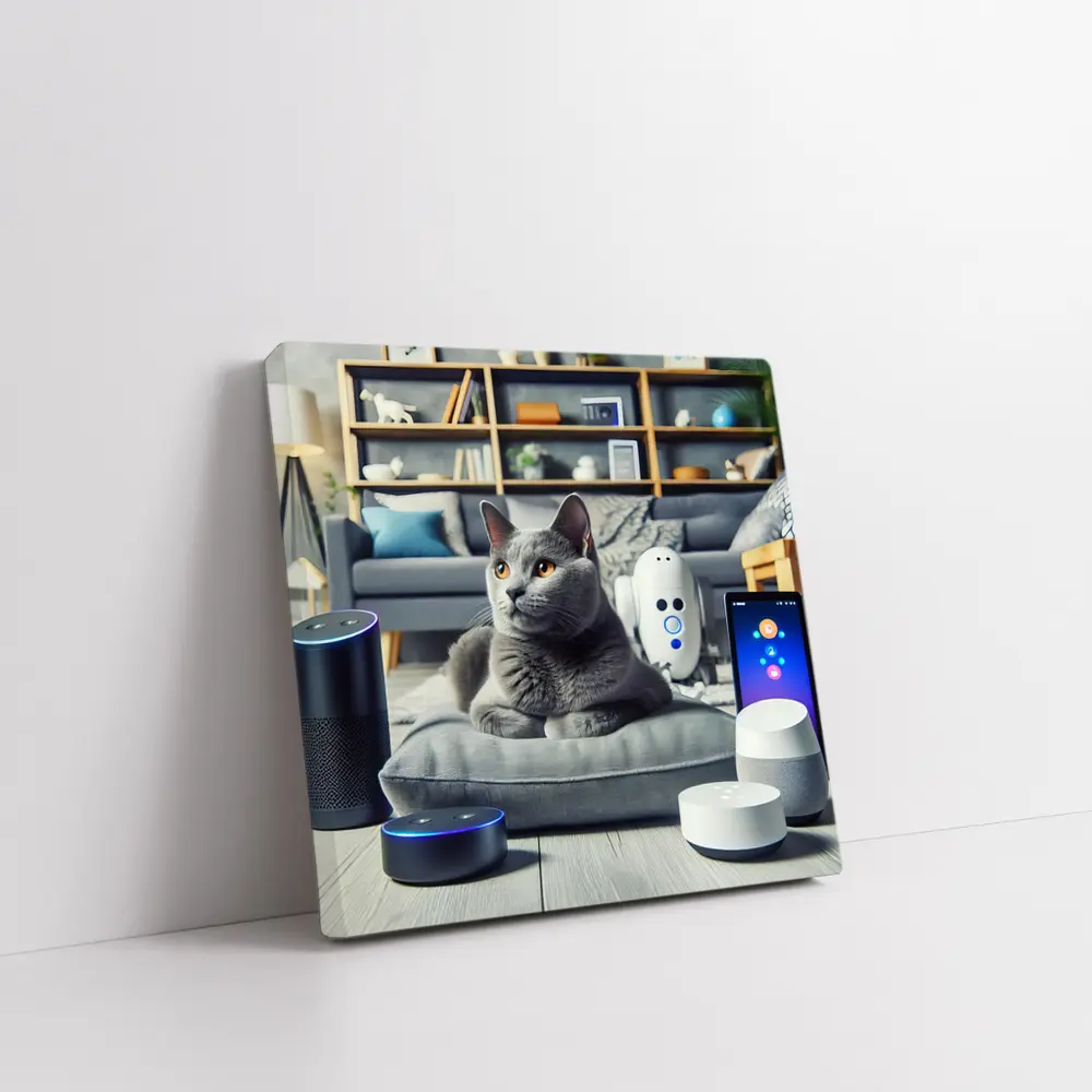 Chartreux Cat Resting Among Smart Home Devices – Wall Art