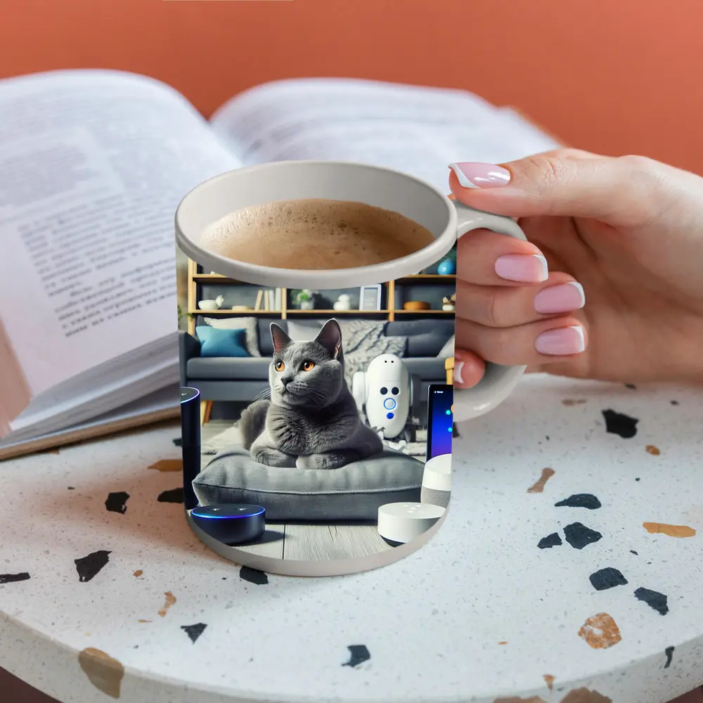 Chartreux Cat Resting Among Smart Home Devices – Mugs