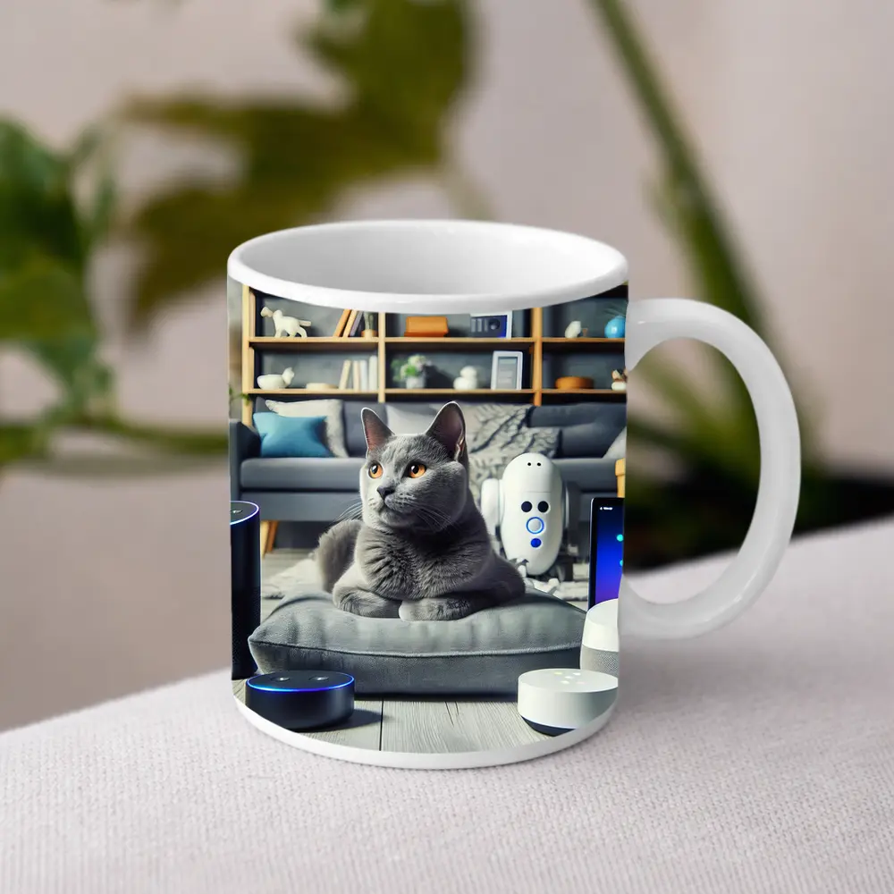 Chartreux Cat Resting Among Smart Home Devices – Mugs