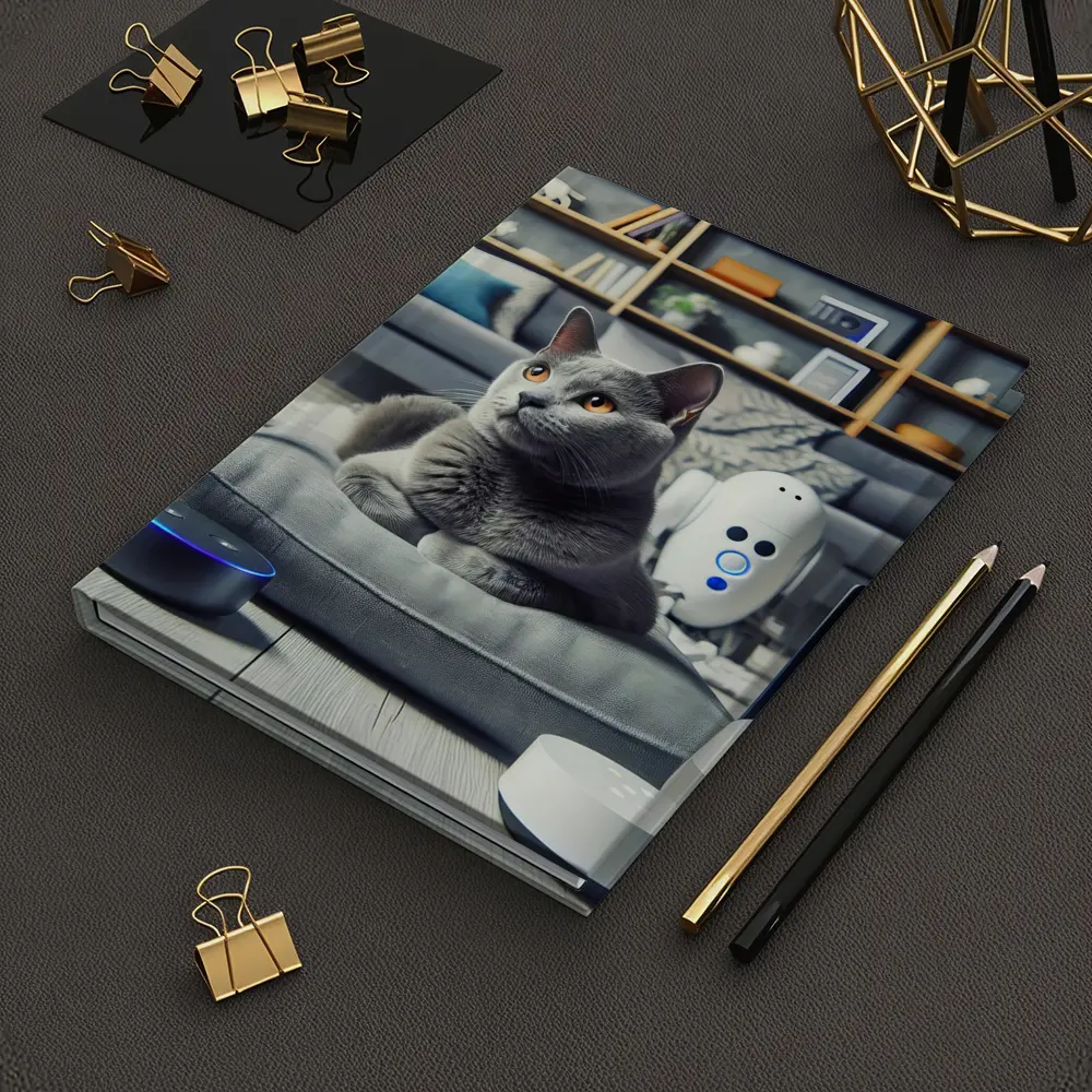 Chartreux Cat Resting Among Smart Home Devices – Notebooks
