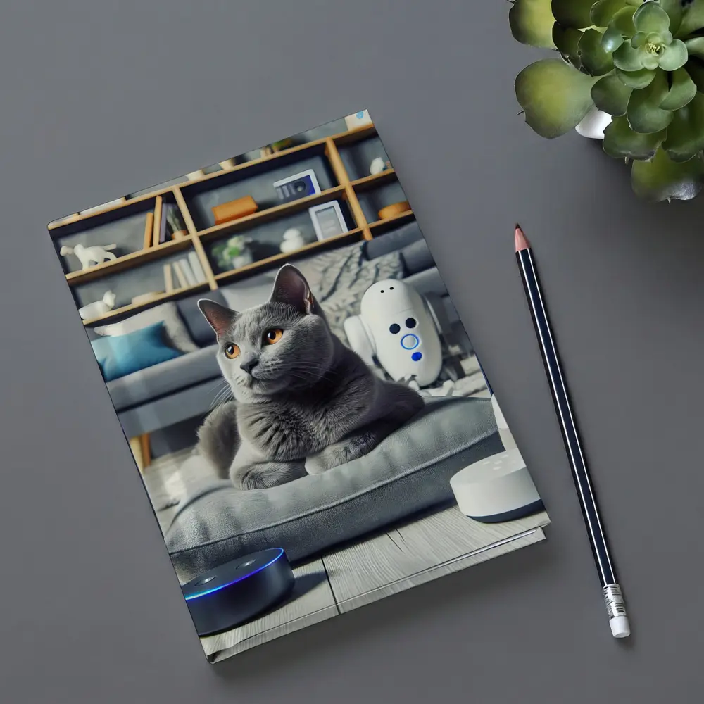 Chartreux Cat Resting Among Smart Home Devices – Notebooks