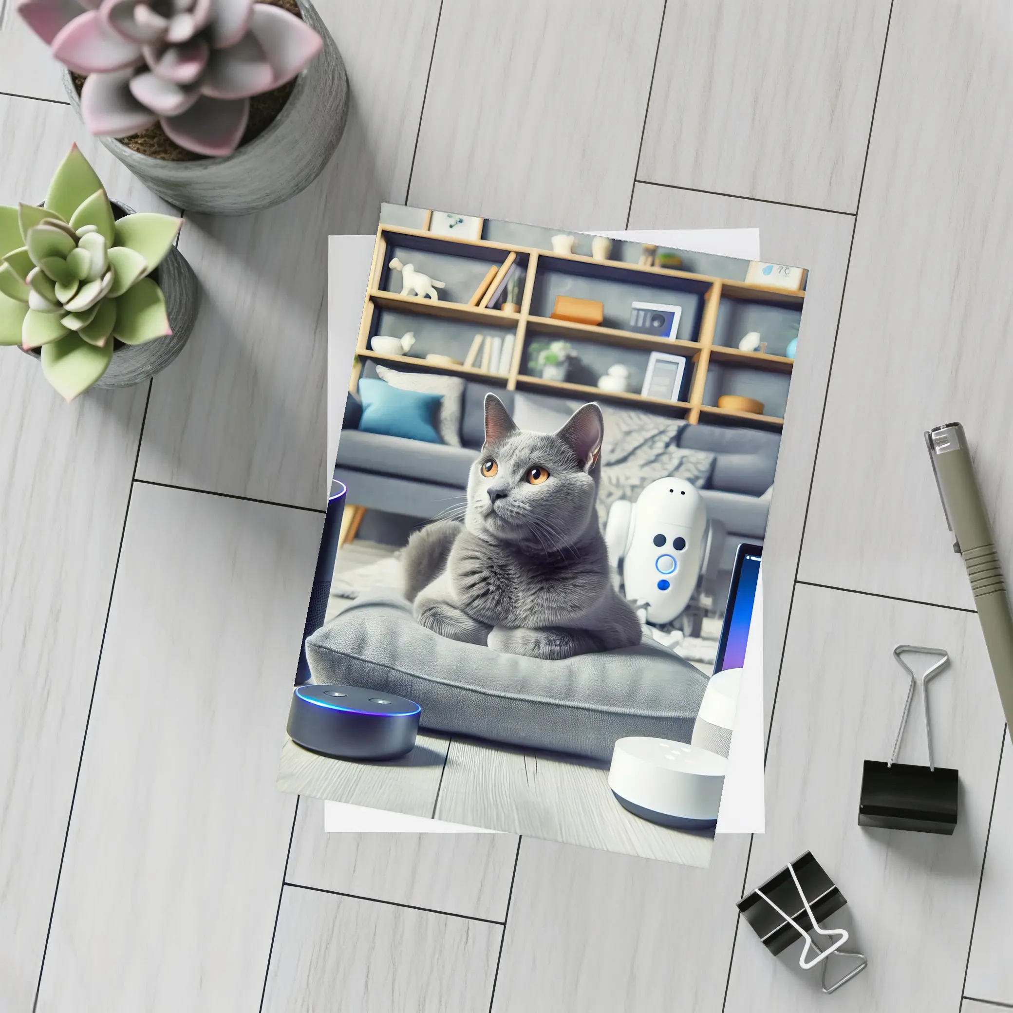 Chartreux Cat Resting Among Smart Home Devices – Postcards