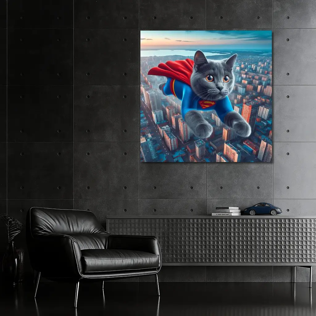 Gray Cat Superman Flying Over City – Wall Art