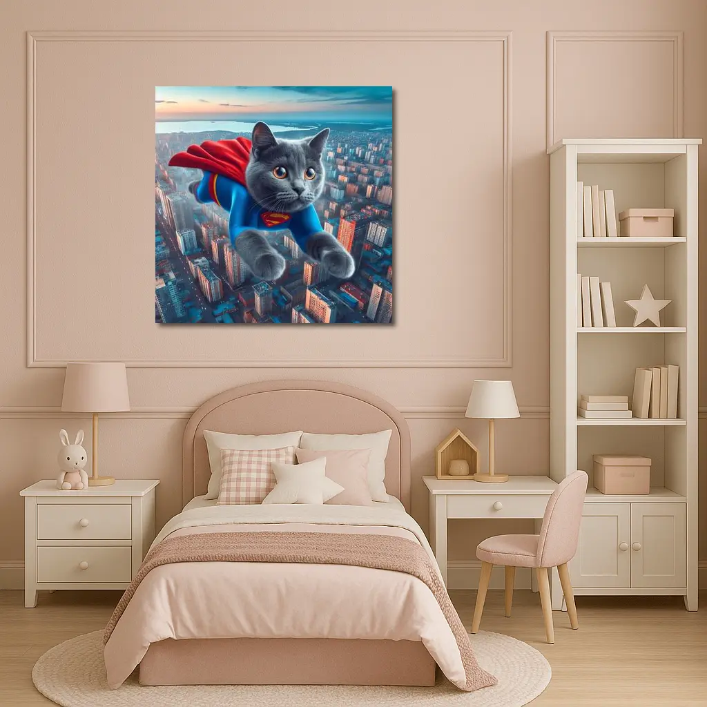 Gray Cat Superman Flying Over City – Wall Art