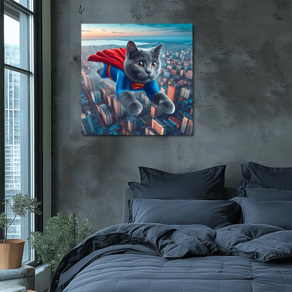 Gray Cat Superman Flying Over City – Wall Art