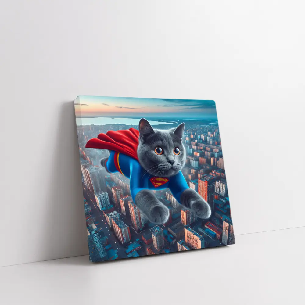 Gray Cat Superman Flying Over City – Wall Art