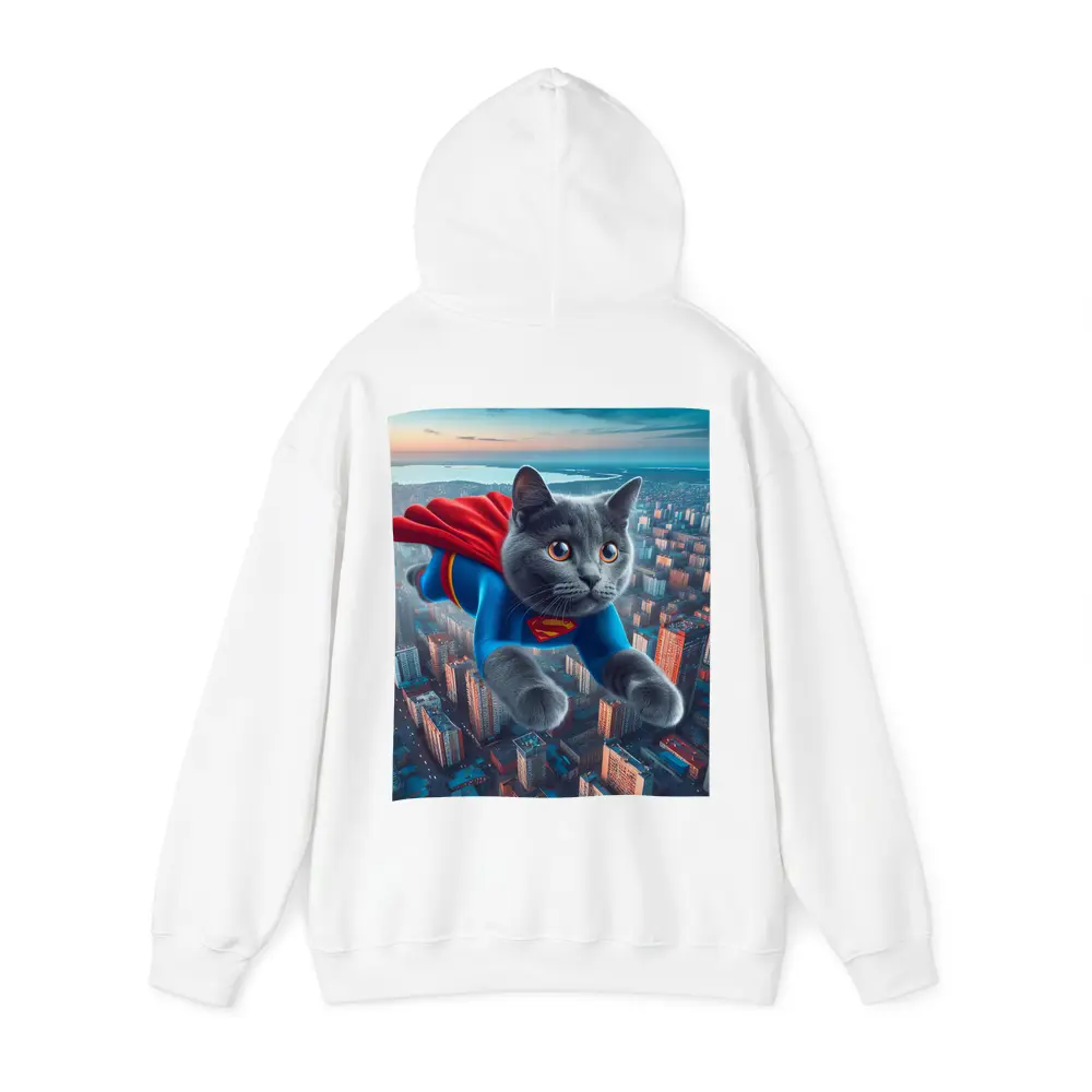 Gray Cat Superman Flying Over City – Hoodies